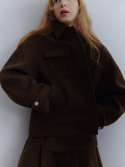 FUSSED Chocolate Brown Wool Blend Workwear Jacket With Asymmetrical Pockets
