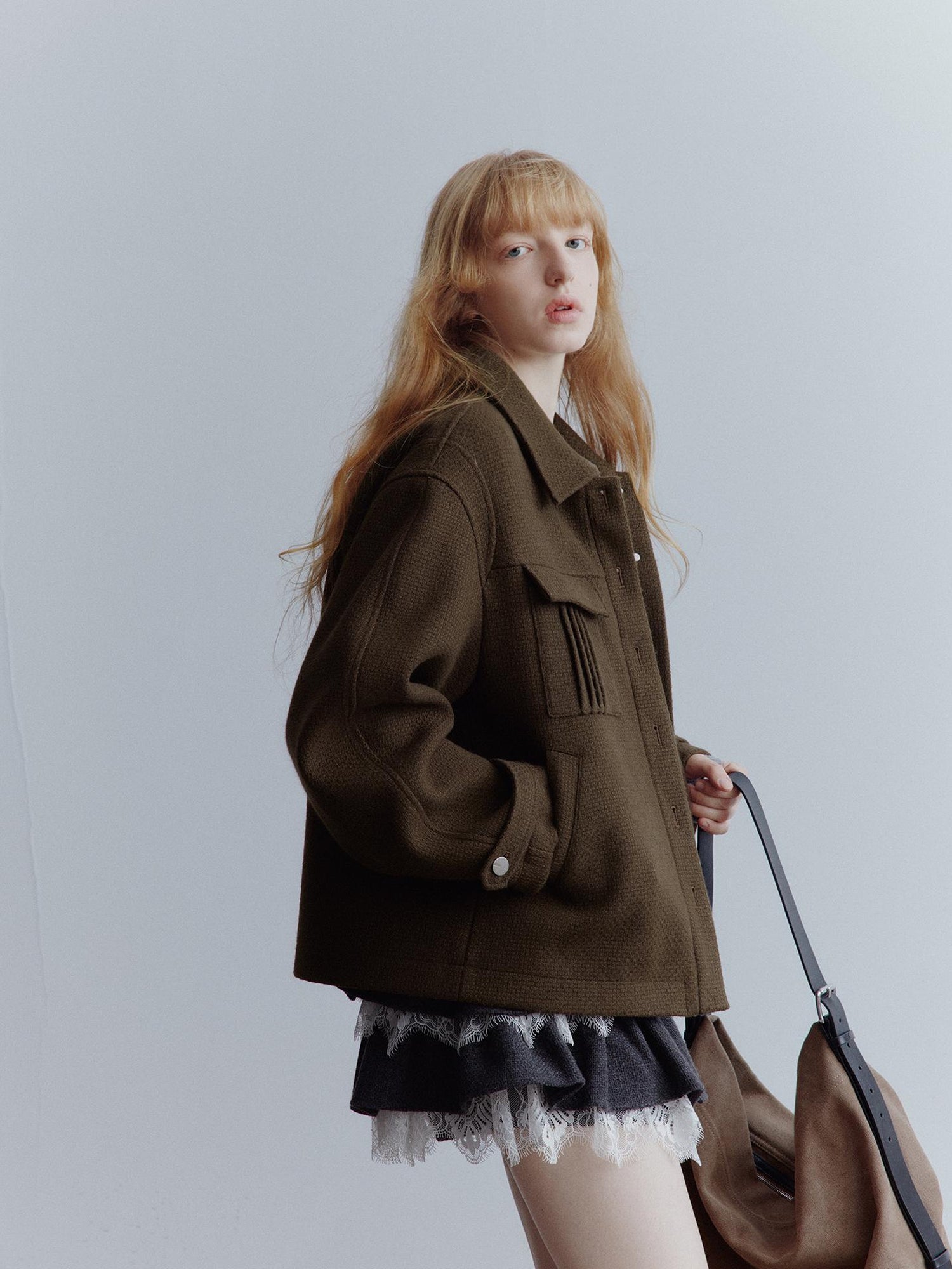 FUSSED Chocolate Brown Wool Blend Workwear Jacket With Asymmetrical Pockets