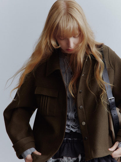 FUSSED Chocolate Brown Wool Blend Workwear Jacket With Asymmetrical Pockets