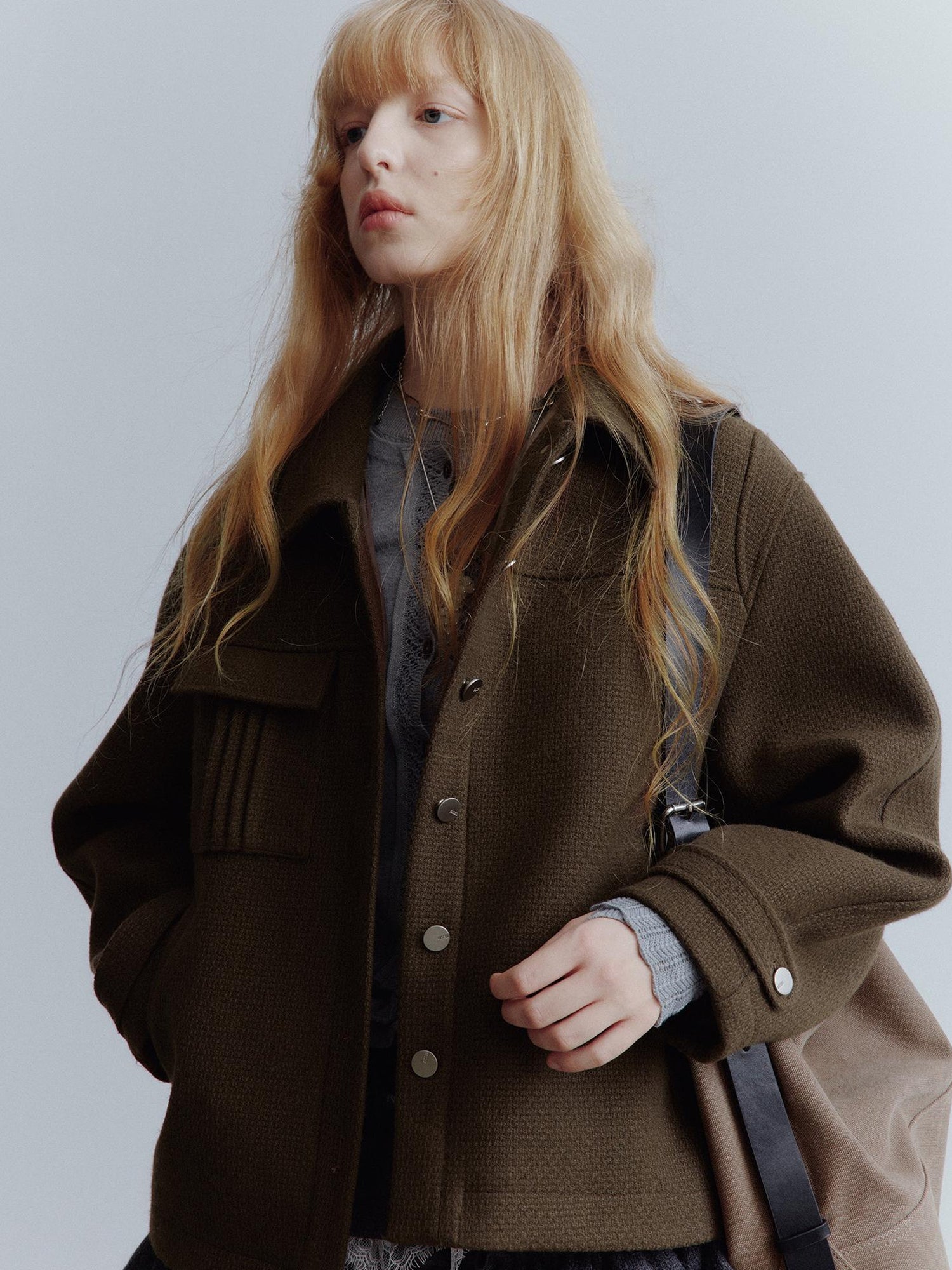 FUSSED Chocolate Brown Wool Blend Workwear Jacket With Asymmetrical Pockets