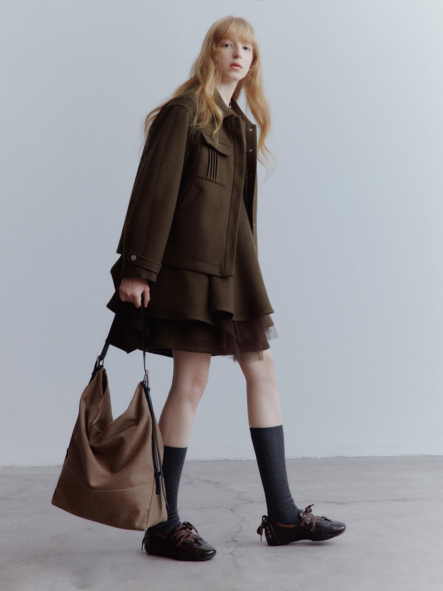 FUSSED Chocolate Brown Wool Blend Workwear Jacket With Asymmetrical Pockets