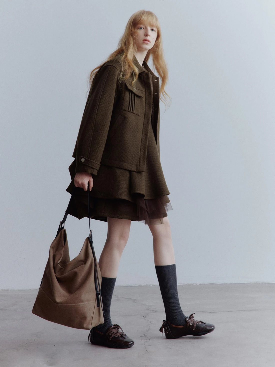 Chocolate Brown Wool Blend Workwear Jacket With Asymmetrical Pockets