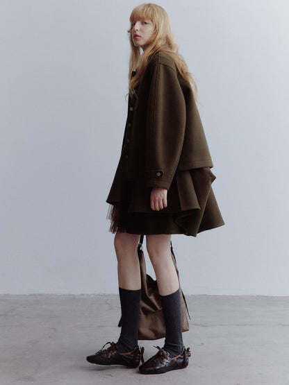 FUSSED Chocolate Brown Wool Blend Workwear Jacket With Asymmetrical Pockets