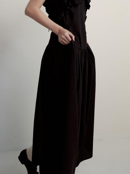 FUSSED Circus Night Black Asymmetrical Ruffle Hem Maxi Dress