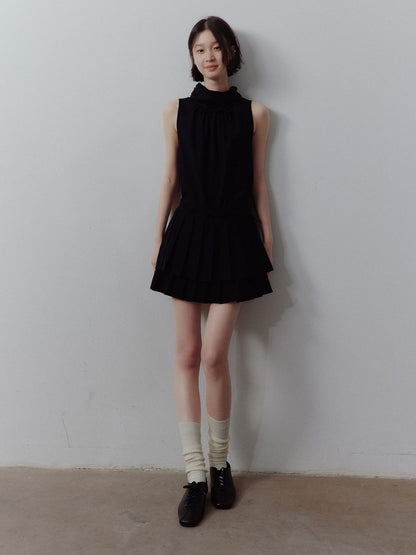 FUSSED Classic Black Layered Splice Double Pleat Tie Women&