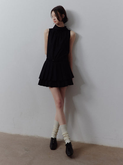 FUSSED Classic Black Layered Splice Double Pleat Tie Women&