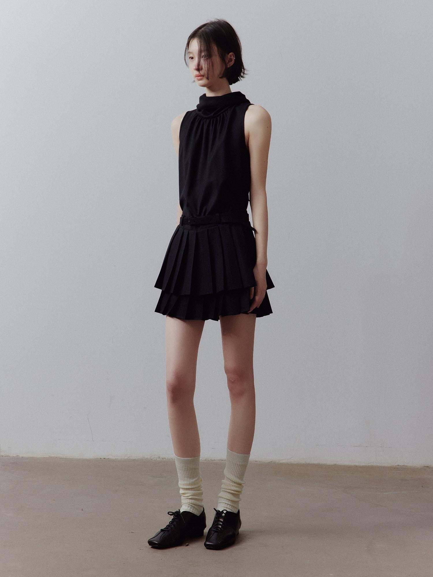 FUSSED Classic Black Layered Splice Double Pleat Tie Women&