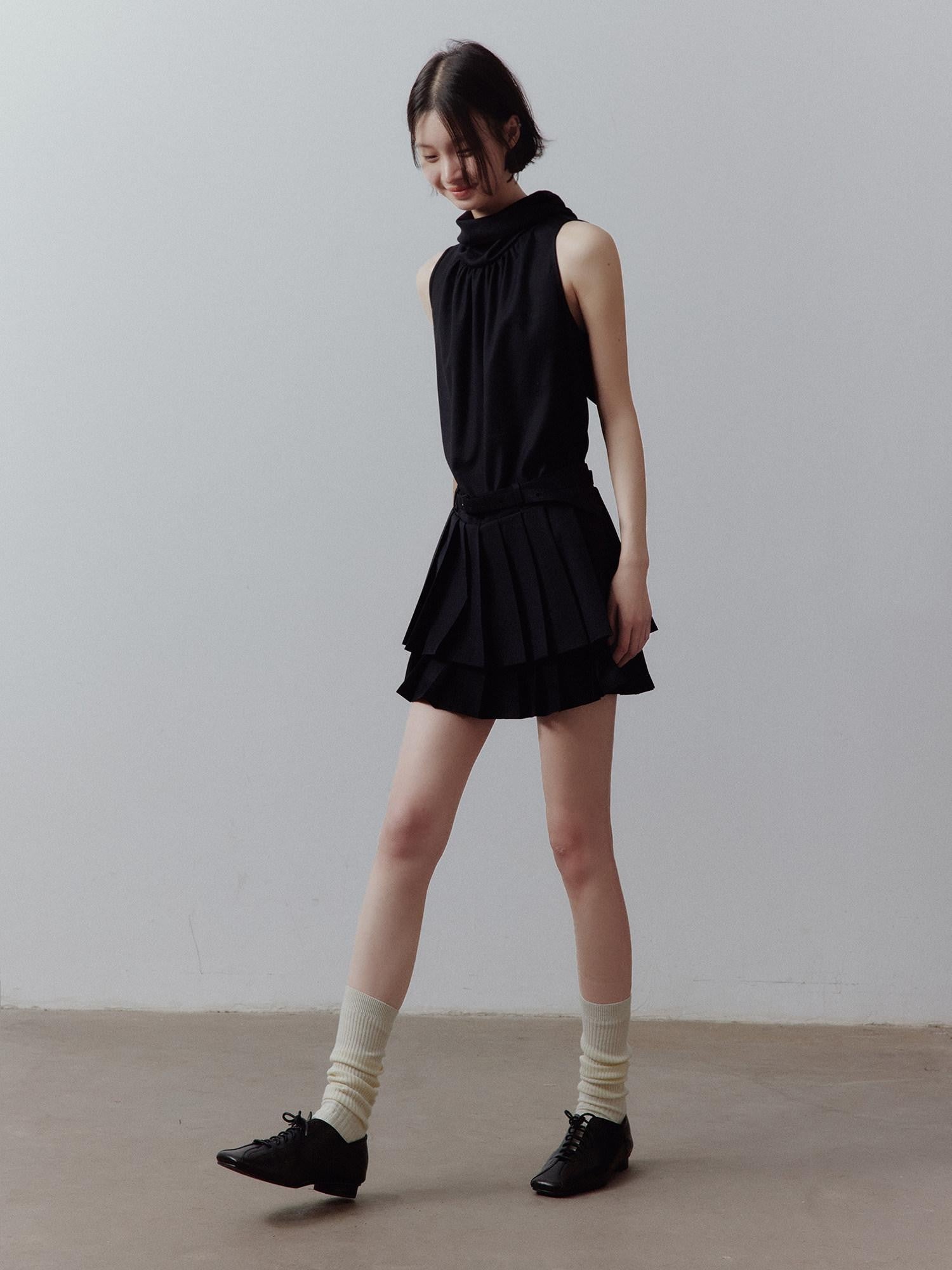 FUSSED Classic Black Layered Splice Double Pleat Tie Women&