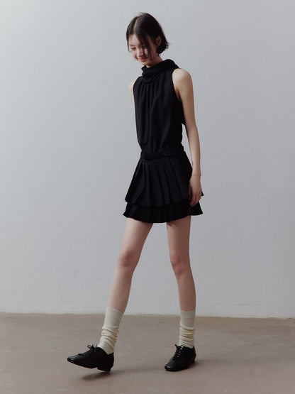 FUSSED Classic Black Layered Splice Double Pleat Tie Women&