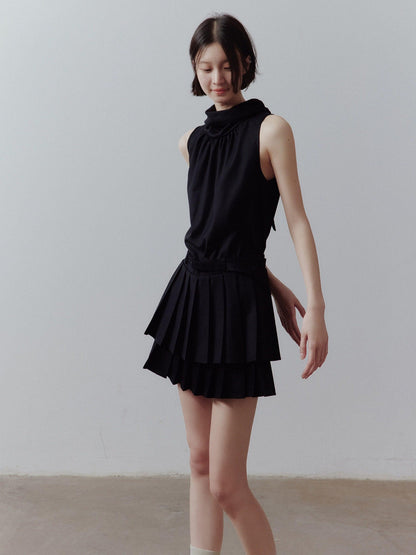 FUSSED Classic Black Layered Splice Double Pleat Tie Women&