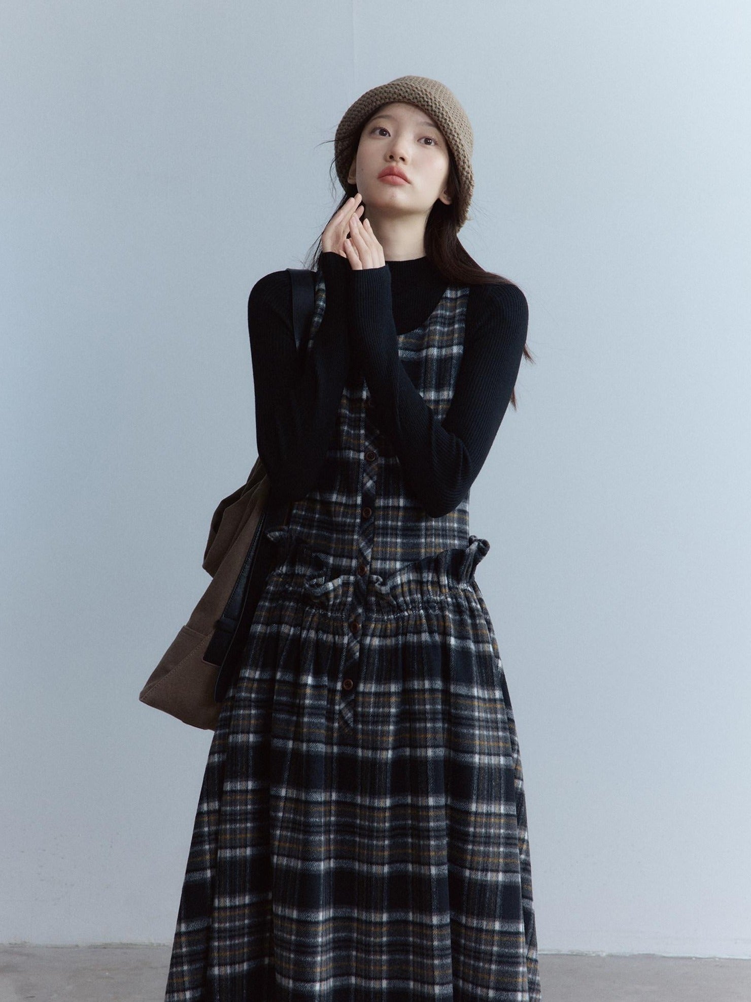 FUSSED Classic Tartan Low Waist Twist Pleat Aline Girly Button Maxi Dresses