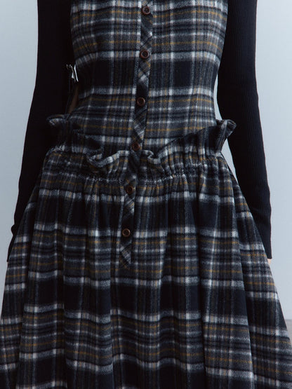 FUSSED Classic Tartan Low Waist Twist Pleat Aline Girly Button Maxi Dresses