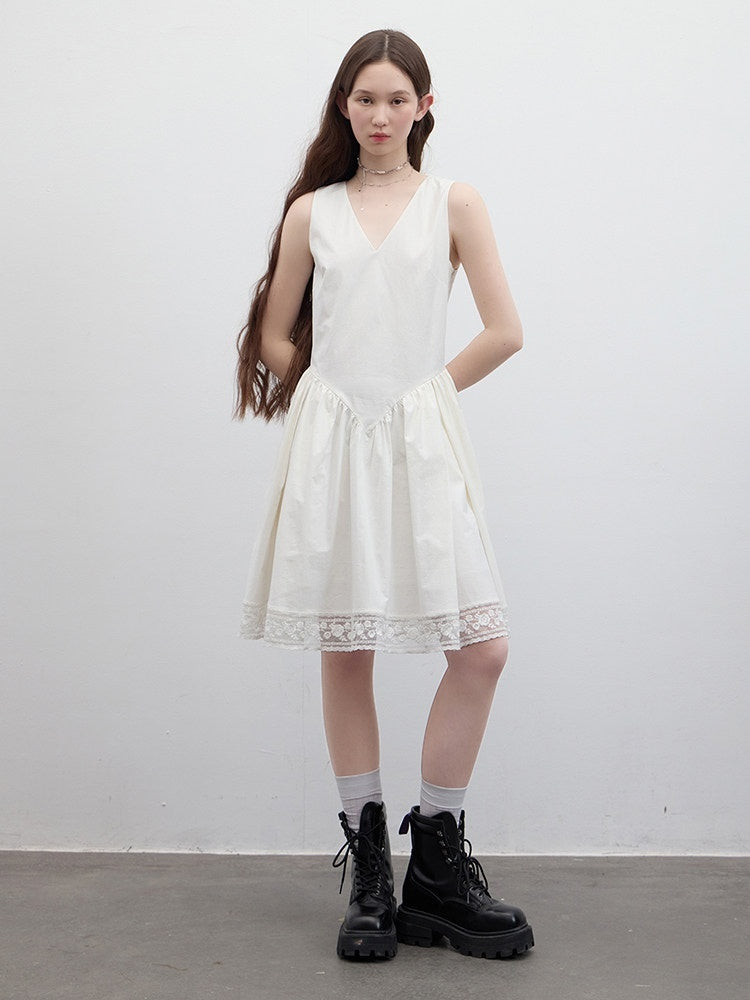 FUSSED_Cloud_White_Pleated_V-neck_A_Line_Women&