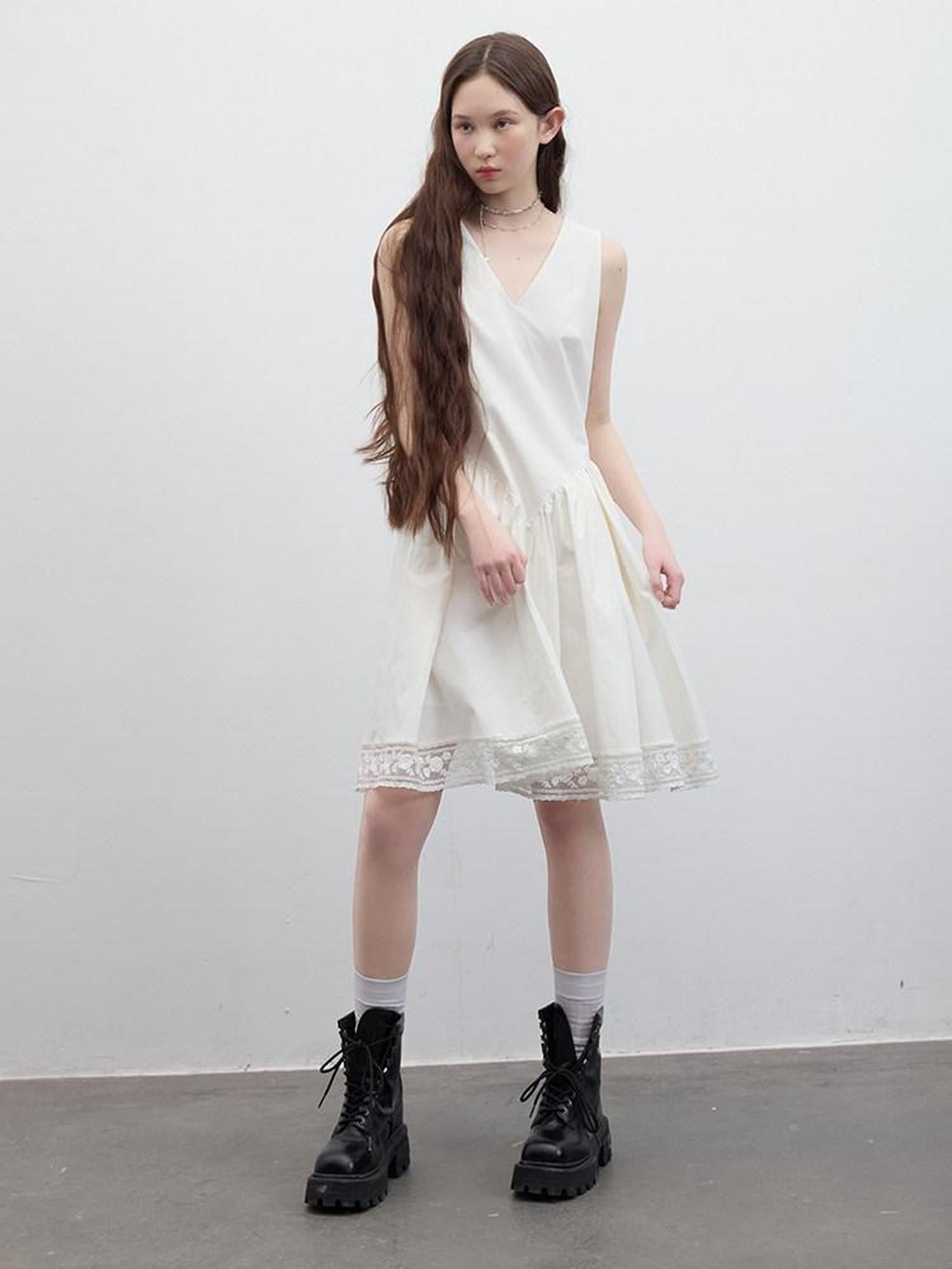FUSSED Cloud White Pleated V-neck A Line Women&