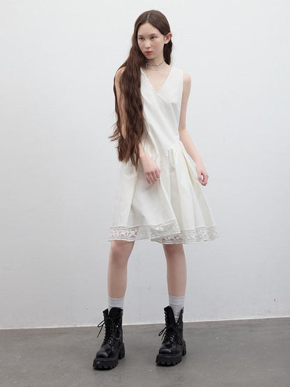 FUSSED Cloud White Pleated V-neck A Line Women&