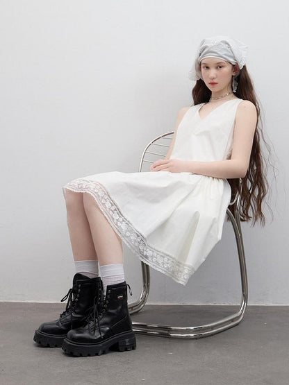 FUSSED Cloud White Pleated V-neck A Line Women&