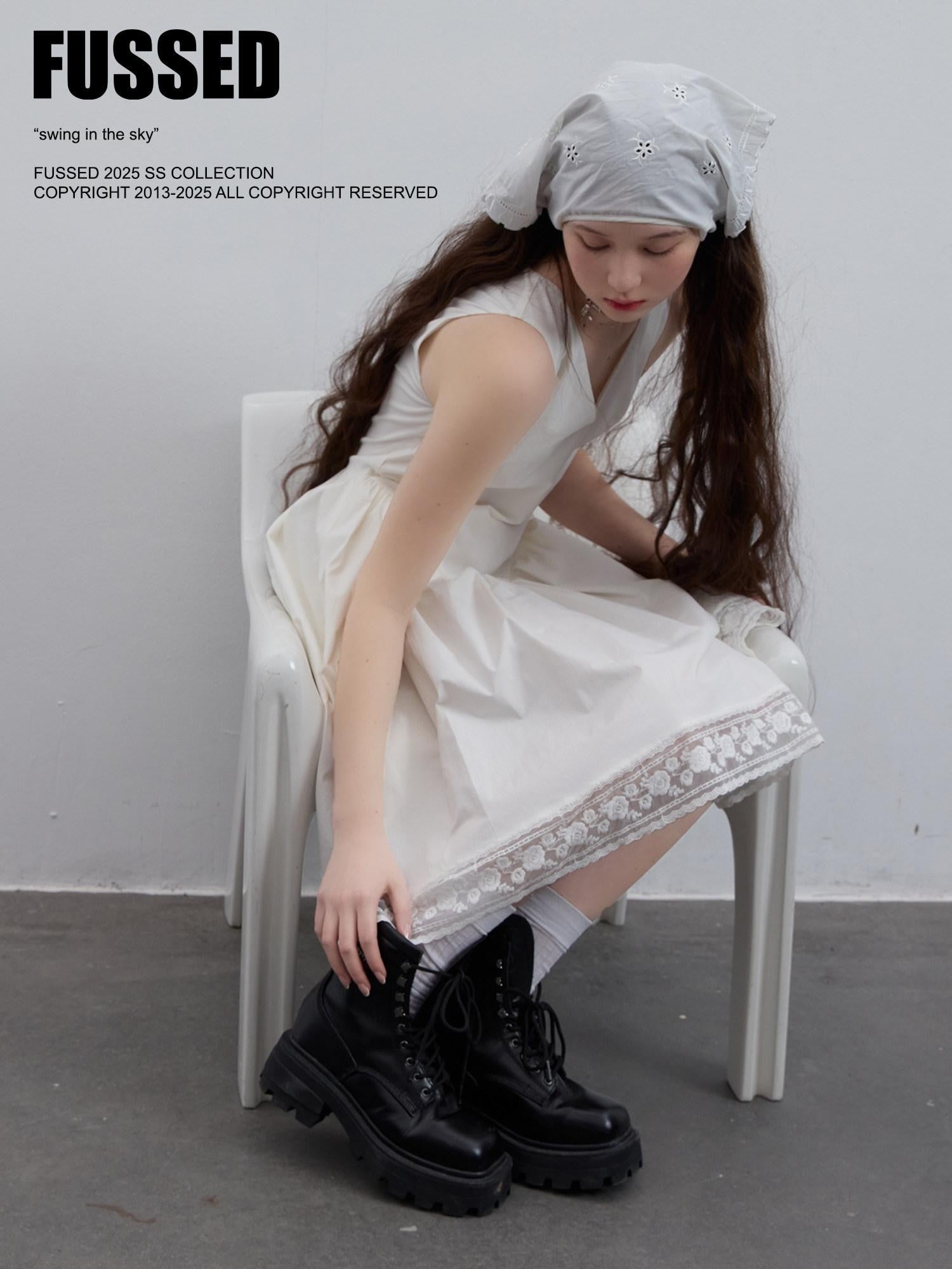 FUSSED Cloud White Pleated V-neck A Line Women&