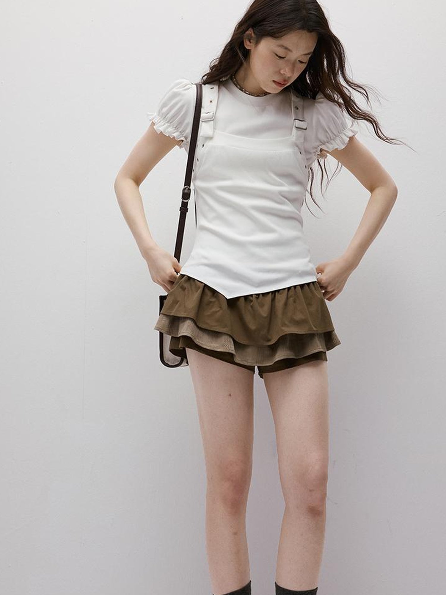 FUSSED Coffee Layered Shorts With Ruffle Trim
