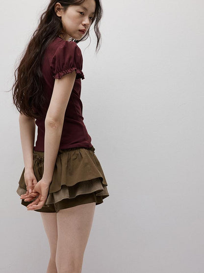 FUSSED Coffee Layered Shorts With Ruffle Trim