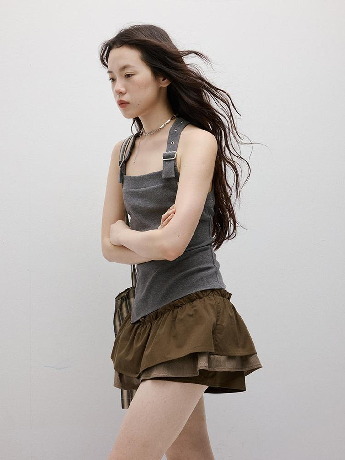 FUSSED Coffee Layered Shorts With Ruffle Trim