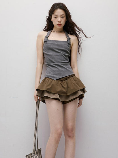 FUSSED Coffee Layered Shorts With Ruffle Trim