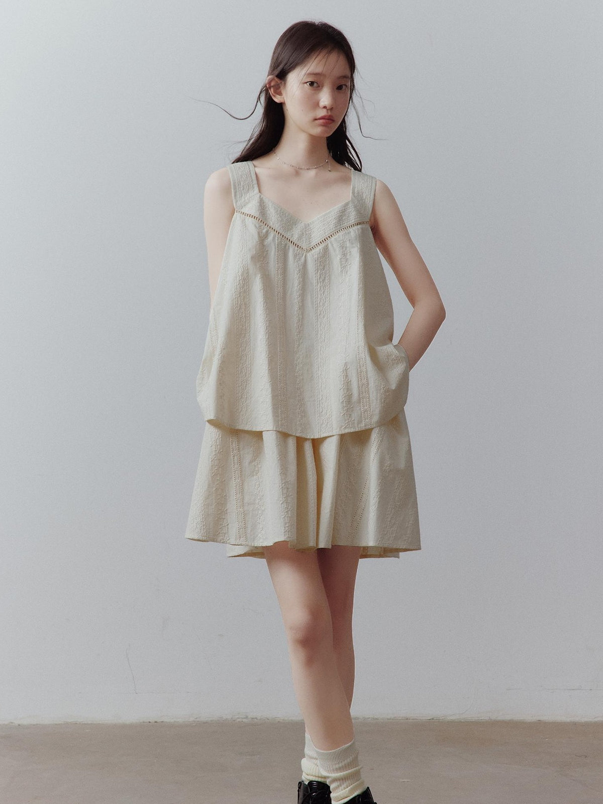 FUSSED Cotton Cord Embroidery Layered V-neck Women&