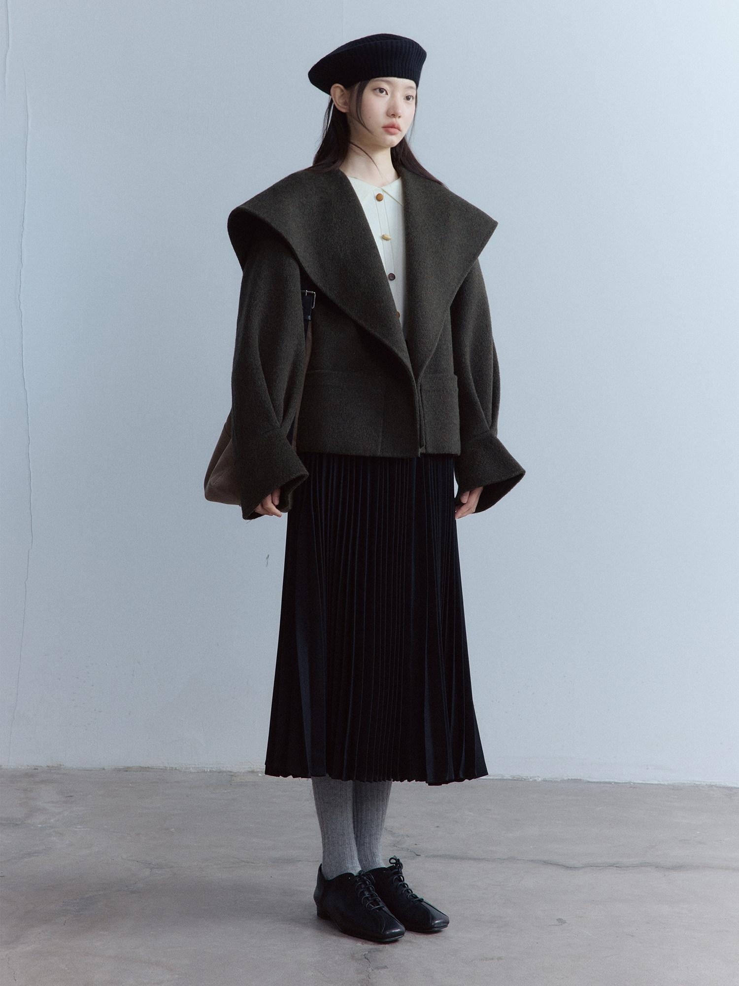 FUSSED Cozy Moss Green V-ceck Oversized Preppy Sweet Youth Long Sleeve Thick Coat