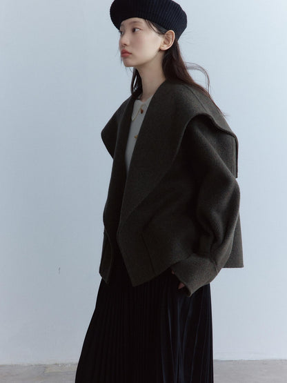 FUSSED Cozy Moss Green V-ceck Oversized Preppy Sweet Youth Long Sleeve Thick Coat
