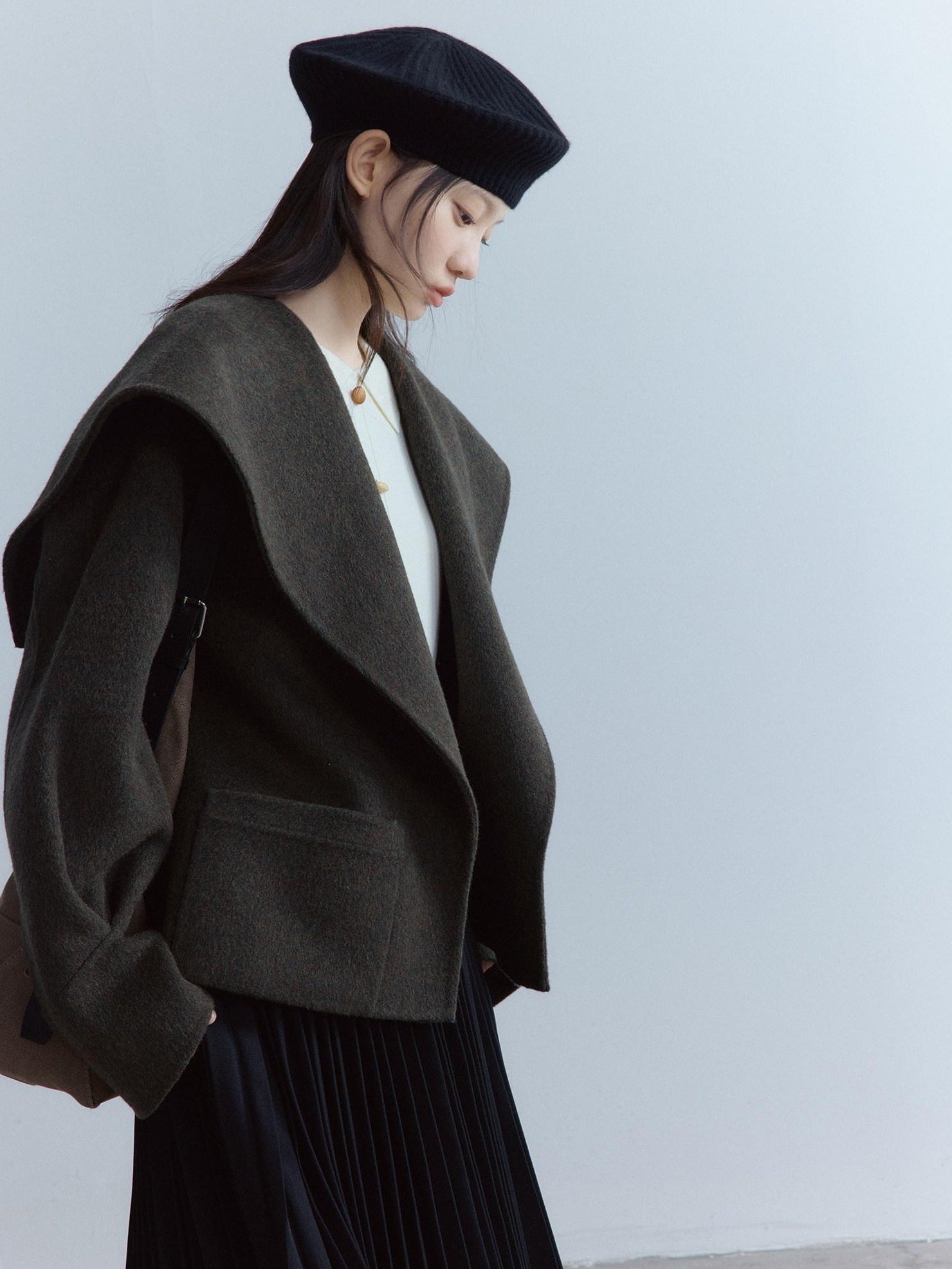 FUSSED Cozy Moss Green V-ceck Oversized Preppy Sweet Youth Long Sleeve Thick Coat