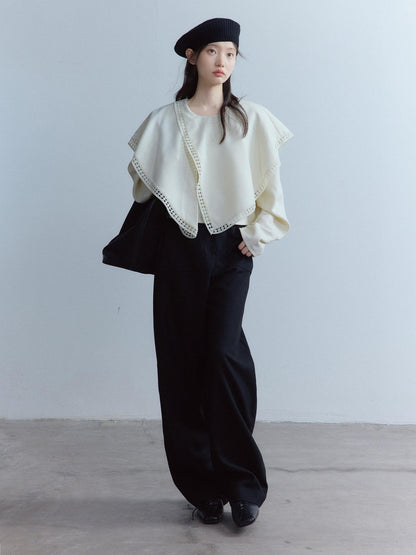 FUSSED Cozy Thick Oversized Girly Ruched Sleeves Crew Neck Women Off White Sweater