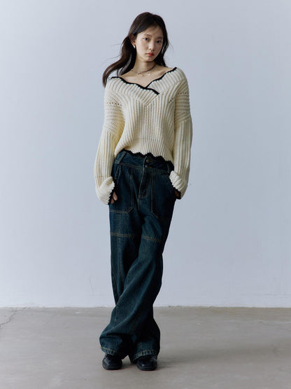 FUSSED Cozy V-ceck Oversized Color Block Knit For Women Citywalk Long Sleeve Sweater