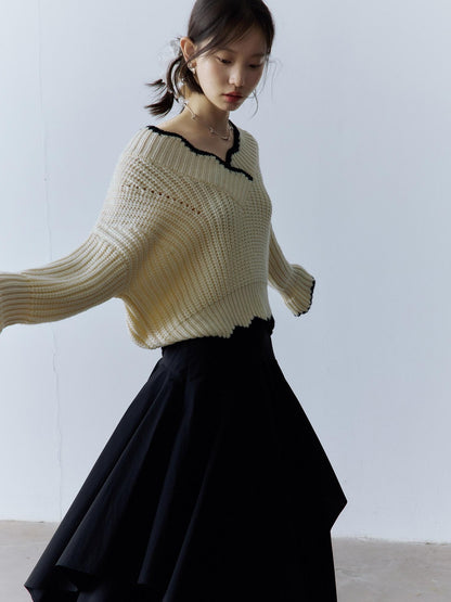 FUSSED Cozy V-ceck Oversized Color Block Knit For Women Citywalk Long Sleeve Sweater