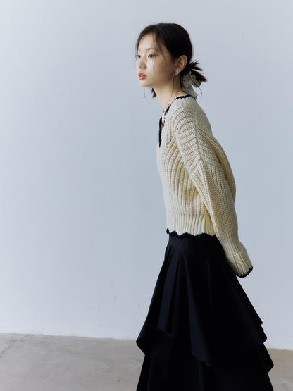 FUSSED Cozy V-ceck Oversized Color Block Knit For Women Citywalk Long Sleeve Sweater