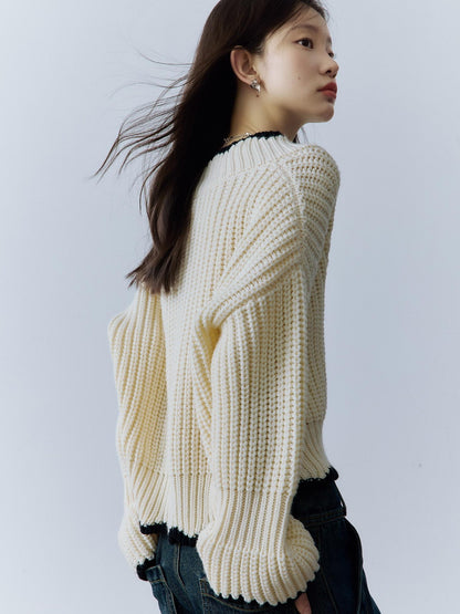 FUSSED Cozy V-ceck Oversized Color Block Knit For Women Citywalk Long Sleeve Sweater