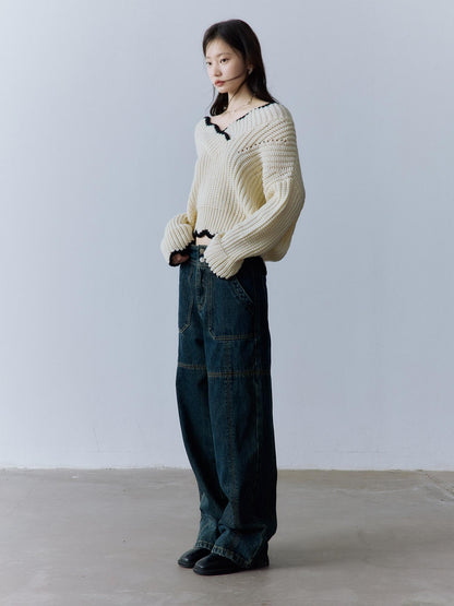 FUSSED Cozy V-ceck Oversized Color Block Knit For Women Citywalk Long Sleeve Sweater