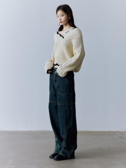 FUSSED Cozy V-ceck Oversized Color Block Knit For Women Citywalk Long Sleeve Sweater