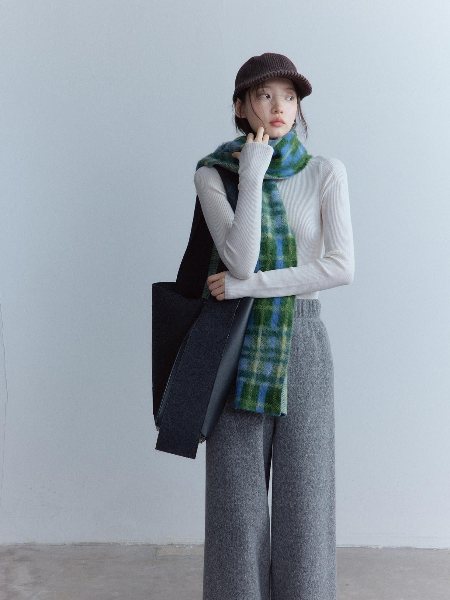 FUSSED Cozy Warm European Plaid Long Women Youth 190X35Cm Blue Green Tartan Scarf