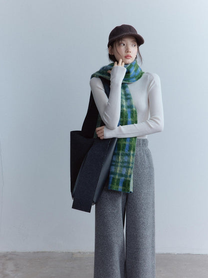 FUSSED Cozy Warm European Plaid Long Women Youth 190X35Cm Blue Green Tartan Scarf
