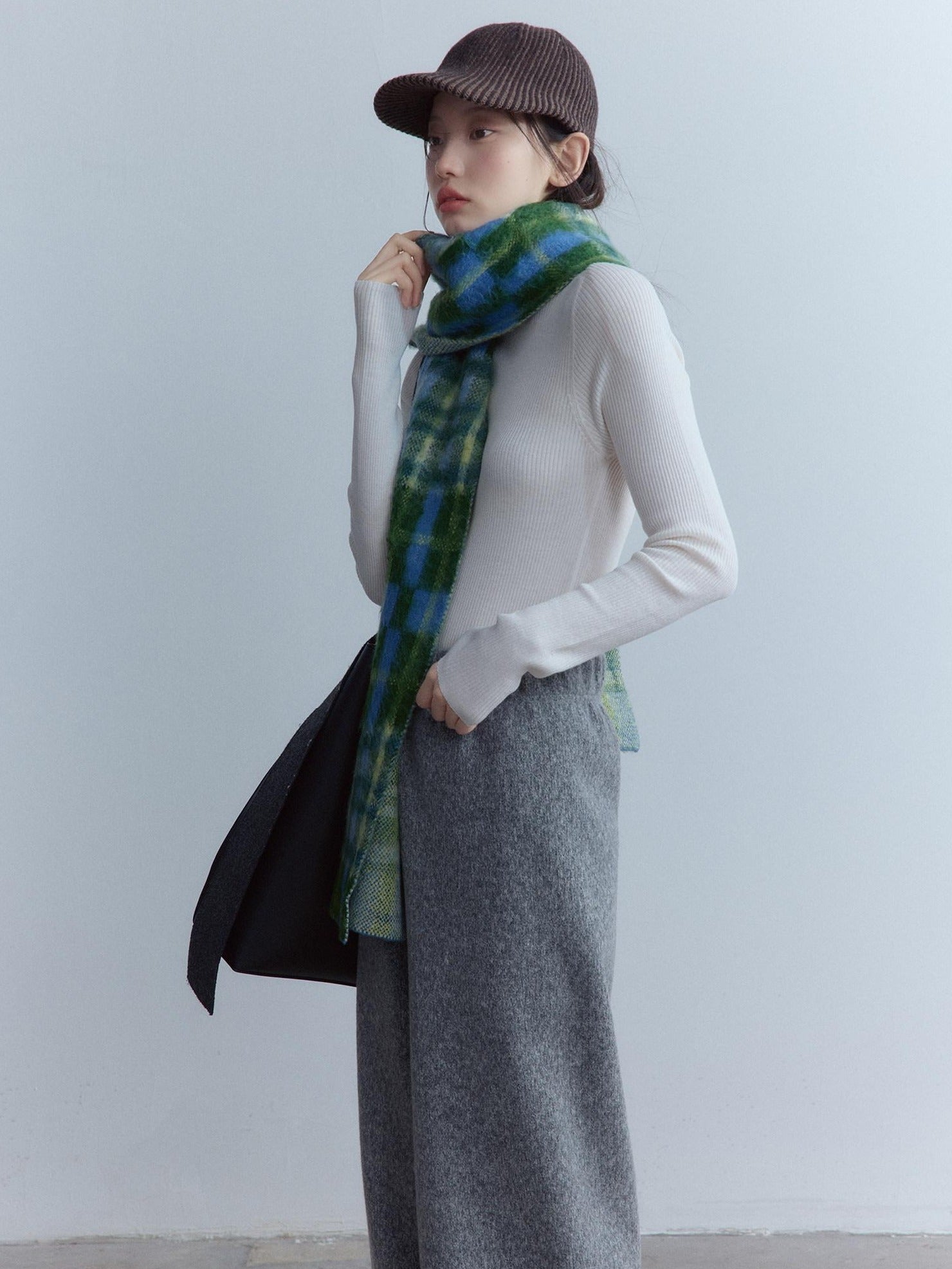FUSSED Cozy Warm European Plaid Long Women Youth 190X35Cm Blue Green Tartan Scarf