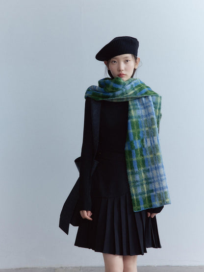 FUSSED Cozy Warm European Plaid Long Women Youth 190X35Cm Blue Green Tartan Scarf