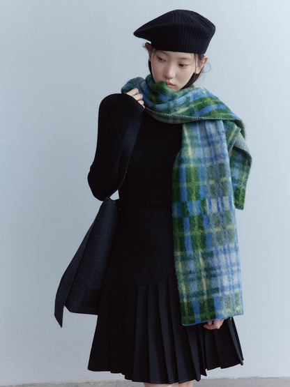 FUSSED Cozy Warm European Plaid Long Women Youth 190X35Cm Blue Green Tartan Scarf