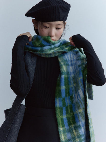 FUSSED Cozy Warm European Plaid Long Women Youth 190X35Cm Blue Green Tartan Scarf