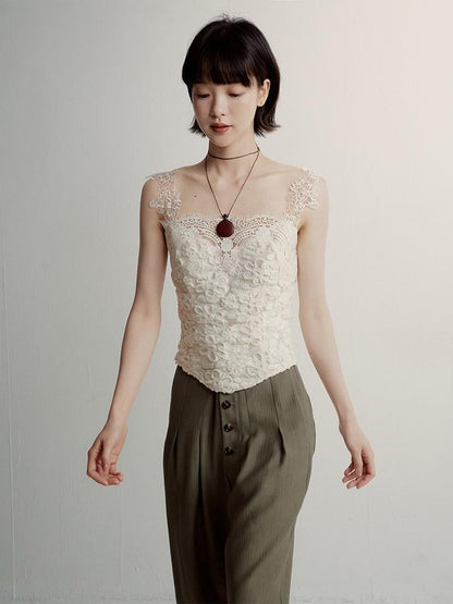 FUSSED Cream Embossed Layered Embroidery Lace Spliced Women&