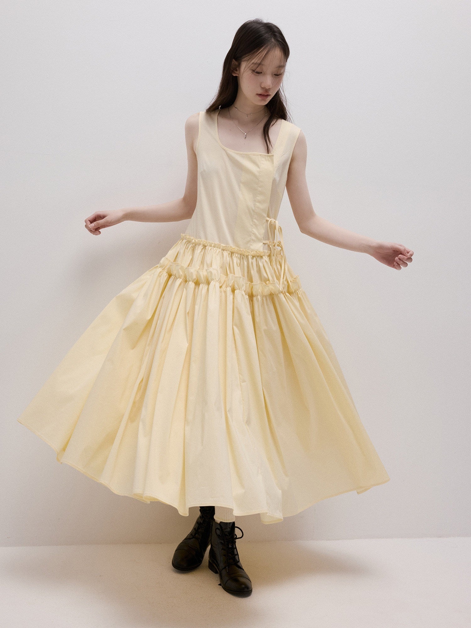 FUSSED_Cream_Yellow_Layered_Splice_Gathered_Pleats_A_Line_Women&
