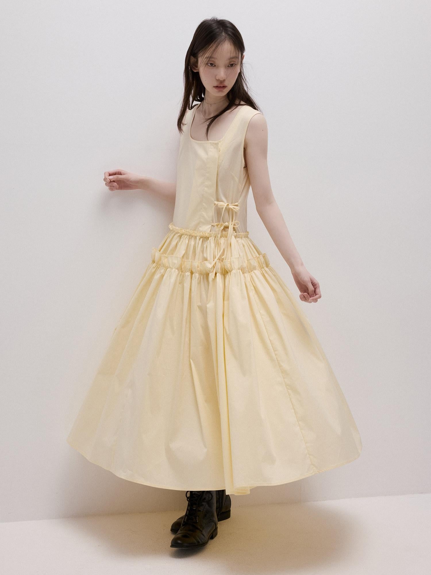 FUSSED Cream Yellow Layered Splice Gathered Pleats A Line Women&