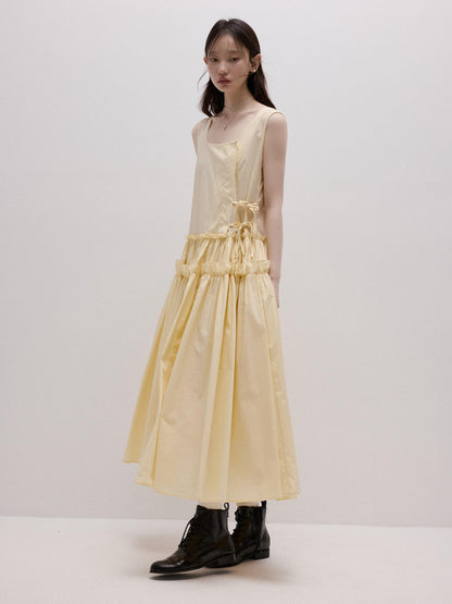FUSSED Cream Yellow Layered Splice Gathered Pleats A Line Women&
