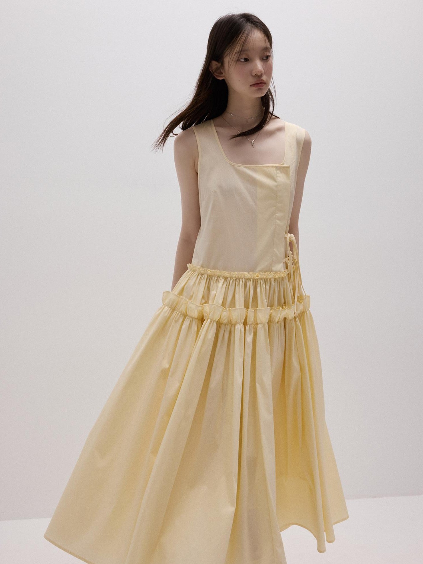 FUSSED Cream Yellow Layered Splice Gathered Pleats A Line Women&
