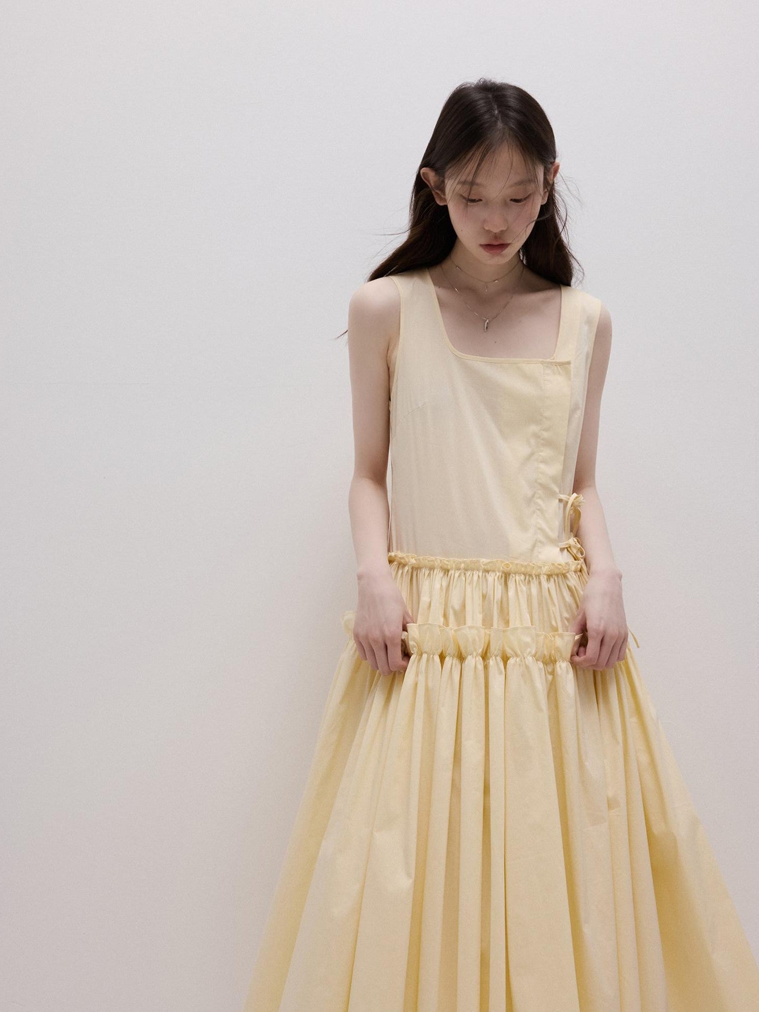 FUSSED Cream Yellow Layered Splice Gathered Pleats A Line Women&