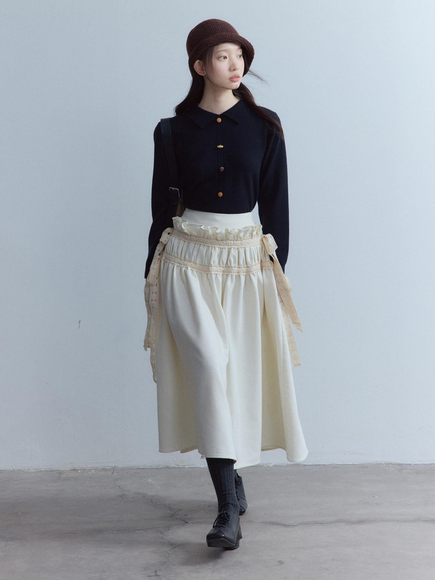 FUSSED Cute Button Polo Collar Slim Fit Girl Everyday Solid Long Sleeve Sweater