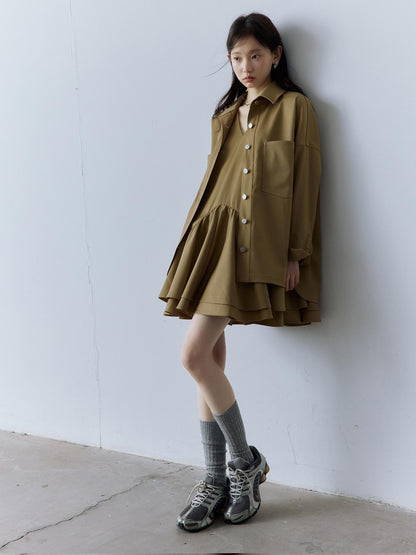 FUSSED Cute Girlish Layered A Line V-ceck Sleeveless Loose Waist Khaki Midi Dresses